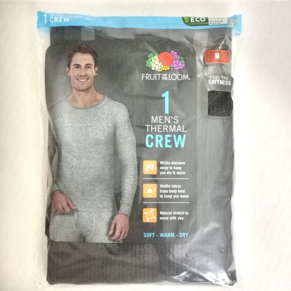 NEW Fruit of the Loom Mens M Black Soot Waffle Crew Thermal Top - Picture 1 of 3